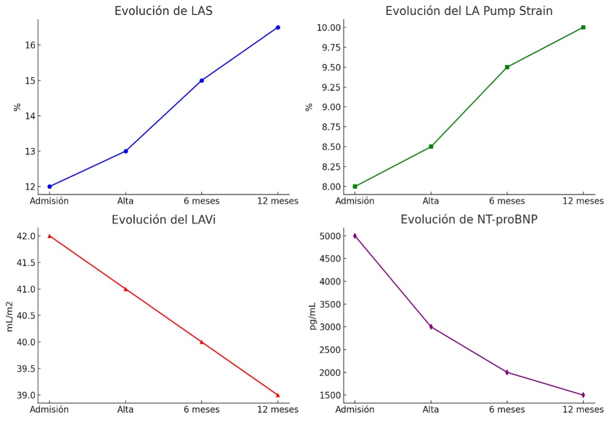 Figura 3: Evolución de DAI, Srain de bomba de la AI, LAVI y NT-proBNP a 12 meses