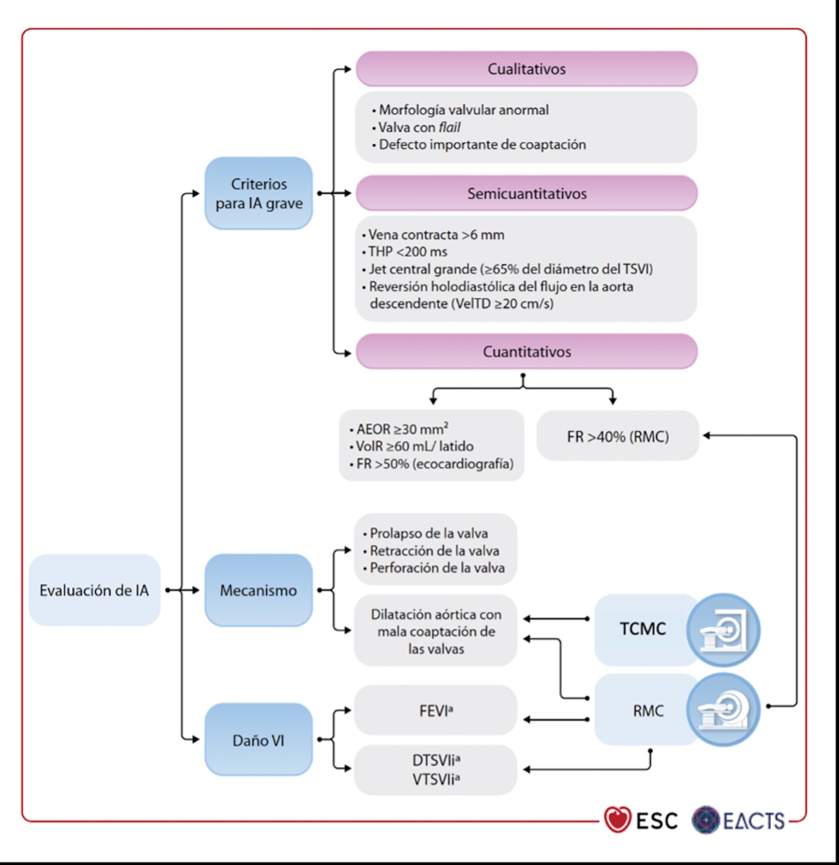 Figura 1. Evaluación de imagen de pacientes con insuficiencia aórtica. TCMC: tomografía cardiaca. DTSVIi: diámetro de telesistólico del ventrículo izquierdo Indexado. VTSVIi: volumen telesistólico ventrículo izquierdo Indexado. ORE: área orificio regurgitante efectivo, THP: tiempo de hemipresión; VR: Volumen regurgitante; FR: fracción regurgitante; TSVI: tracto de salida del ventrículo izquierdo; FEVI: fracción de eyección. VelTD, velocidad telediastólico. a: ver recomendaciones de punto de corte específicos. Fuente: Tomada, adaptada y traducida de: Praz F, Borger MA, et al. 2025 ESC/EACTS Guidelines for the management of valvular heart disease. Eur Heart J. 2025 Aug 29:ehaf194. doi: 10.1093/eurheartj/ehaf194