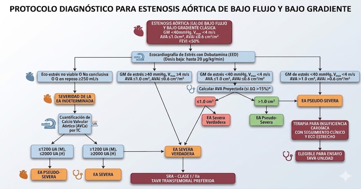 Protocolo diagnóstico para estenosis aórtica de bajo flujo y bajo gradiente (Elaboración propia).