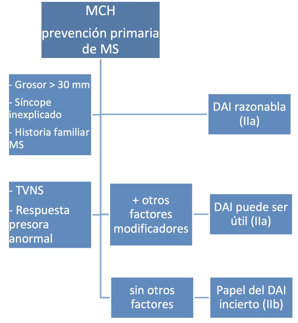 FIGURA 1: Indicación de DAI en MCH como prevención primaria, modificada de Gesrsh et al. ACCF/AHA Hypertrophic Cardiomyopathy Guideline. FIGURA 1: Indicación de DAI en MCH como prevención primaria, modificada de Gesrsh et al. ACCF/AHA Hypertrophic Cardiomyopathy Guideline.