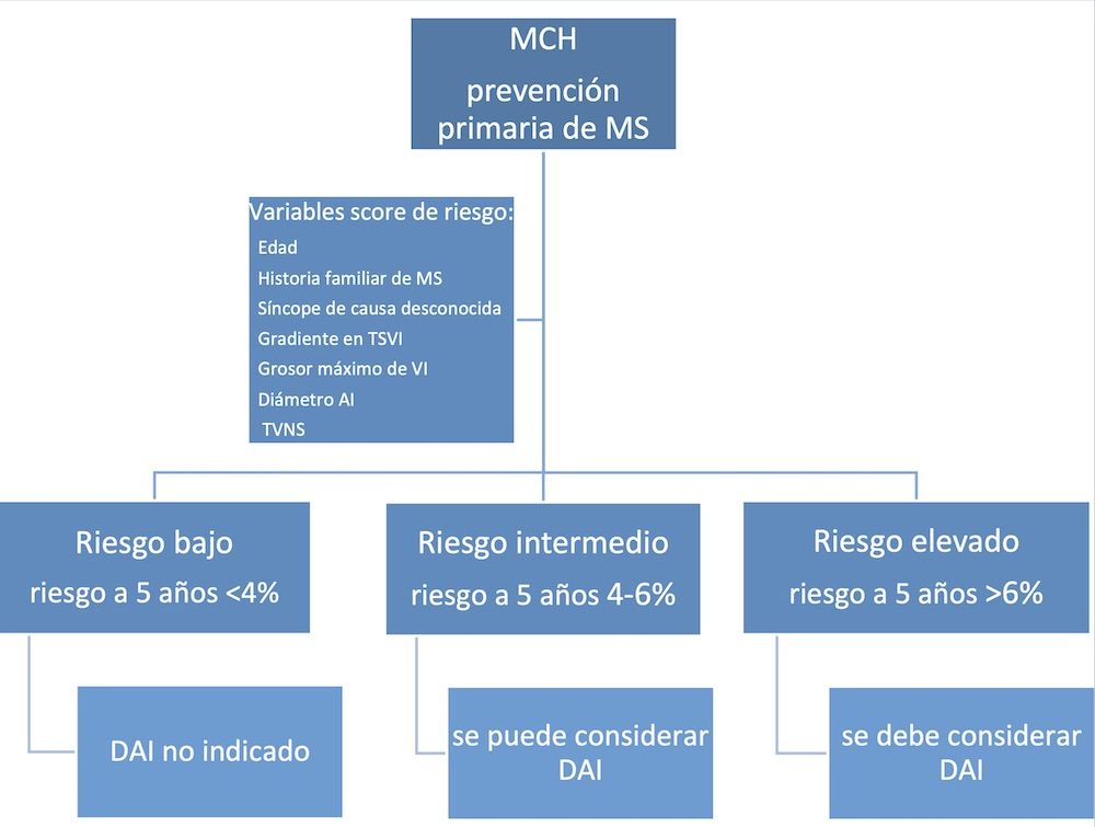 FIGURA 2: Recomendaciones de DAI como prevención primaria en pacientes con MCH según las guías de ESC. Modificado de Elliott et al2. FIGURA 2: Recomendaciones de DAI como prevención primaria en pacientes con MCH según las guías de ESC. Modificado de Elliott et al2.