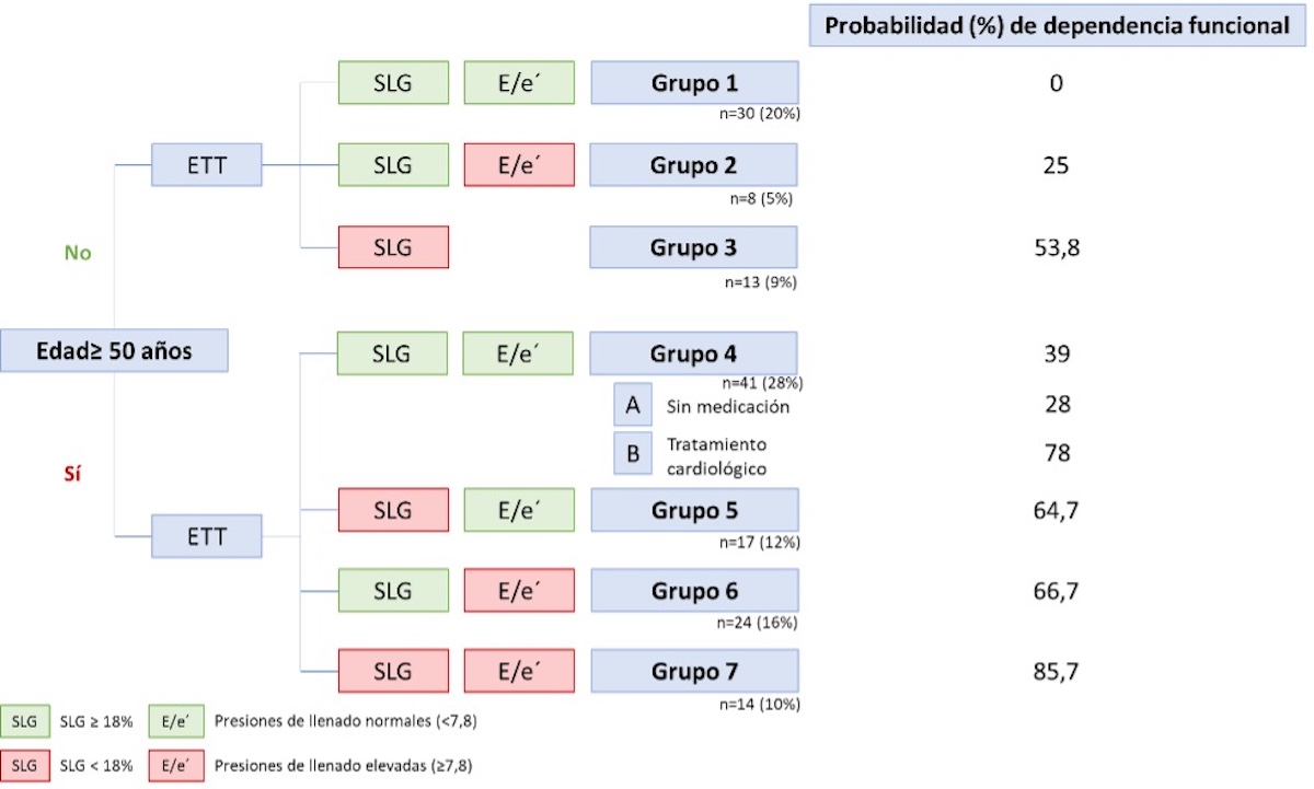 Figura 6. Algoritmo propuesto por los autores del trabajo para “clasificar” a los pacientes con cáncer de mama tras el tratamiento oncológico, en función del SLG, E/e´ y edad (los parámetros con asociación estadística en el análisis multivariable), de cara a “predecir” su probabilidad de desarrollar dependencia funcional sin necesidad de realizar una ergoespirometría de forma sistemática. Los valores límite del SLG para definir normalidad/patología se presentan como valor absoluto, tanto en el artículo original como en este trabajo, en vez del límite normalmente empleado en la literatura de -18%, para facilitar su compresión al emplear en el artículo los signos < o >. ETT: ecocardiograma transtorácico. SLG: strain longitudinal global. 