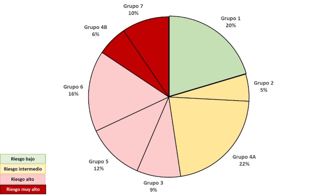 Figura 7. Gráfico de sectores que representa la distribución de pacientes en cada grupo de riesgo. Verde: riesgo bajo; amarillo: riesgo intermedio; rosa: riesgo alto; rojo: riesgo muy alto; como se representa en la leyenda. La mayoría de pacientes del estudio (37%) corresponden al grupo de “riesgo alto”: grupo 3 (n=13, 9%), grupo 5 (n=17, 12%), y grupo 6 (n= 24, 16%). El 27% de la muestra corresponde al grupo de riesgo moderado: grupo 2 (n=8, 5%) y grupo 4A (n=32, 22%). Un 20% y un 16% corresponden a grupos de riesgo bajo o riesgo muy alto, respectivamente (grupo 1 n=30, 20%; grupo 4B n=9, 6%; grupo 7 n=14, 10%).