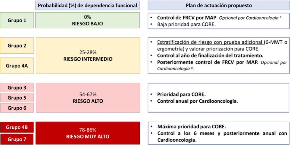 Figura 9. Propuesta de seguimiento en función de la estimación de capacidad cardiorrespiratoria y riesgo de compromiso funcional. a En el grupo de bajo y moderado riesgo, el control por Cardio-oncología dependerá de los hallazgos durante el seguimiento. 6-MWT: prueba de la marcha de los 6 minutos. CORE: Cardio-oncología y Rehabilitación Cardíaca. FRCV: factores de riesgo cardiovascular. MAP: médico de atención primaria. 