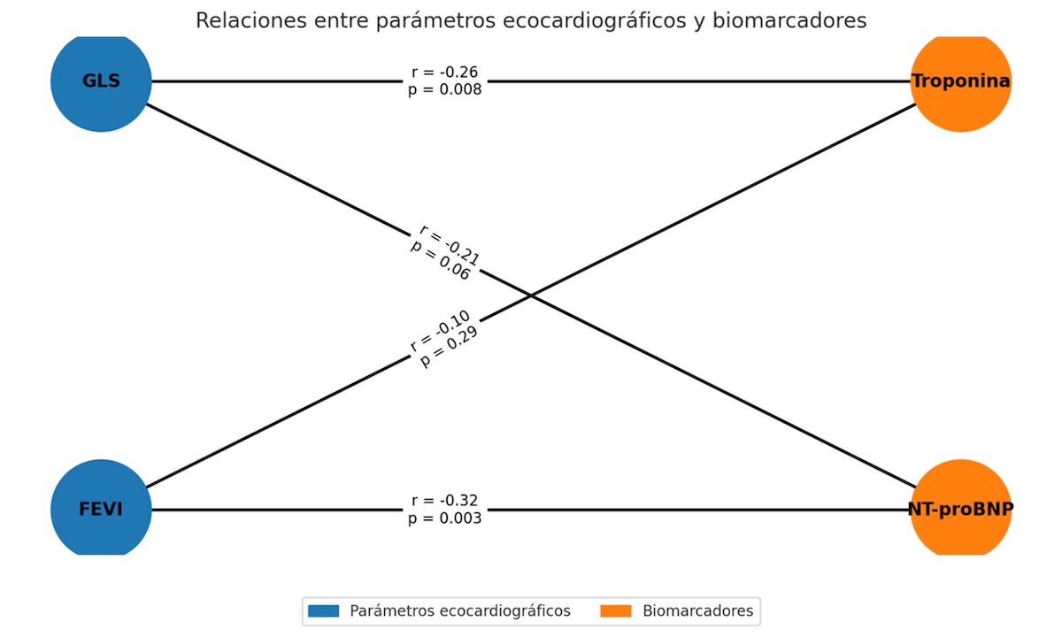 Figura 3. Diagrama que representa las asociaciones observadas entre el strain longitudinal global (GLS), la fracción de eyección del ventrículo izquierdo (FEVI) y los biomarcadores cardíacos (troponina y NT-proBNP). El GLS mostró una correlación inversa con los niveles de troponina (r = –0.26; p = 0.008) y una tendencia con NT-proBNP (r = –0.21; p = 0.06), mientras que la FEVI se asoció inversamente con los niveles de NT-proBNP (r = –0.32; p = 0.003) pero no mostró asociación significativa con la troponina (r = –0.1; p = 0.29).