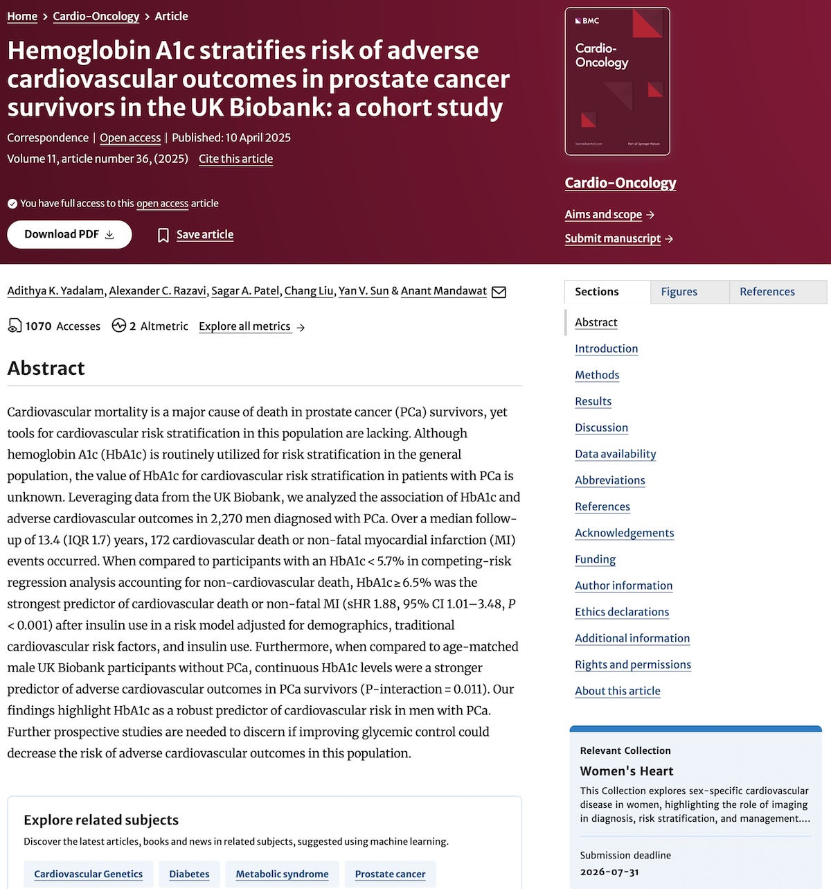Hemoglobina glucosilada para estratificación de riesgo de eventos adversos cardiovasculares en pacientes sobrevivientes de cáncer de próstata pertenecientes a UK Biobank