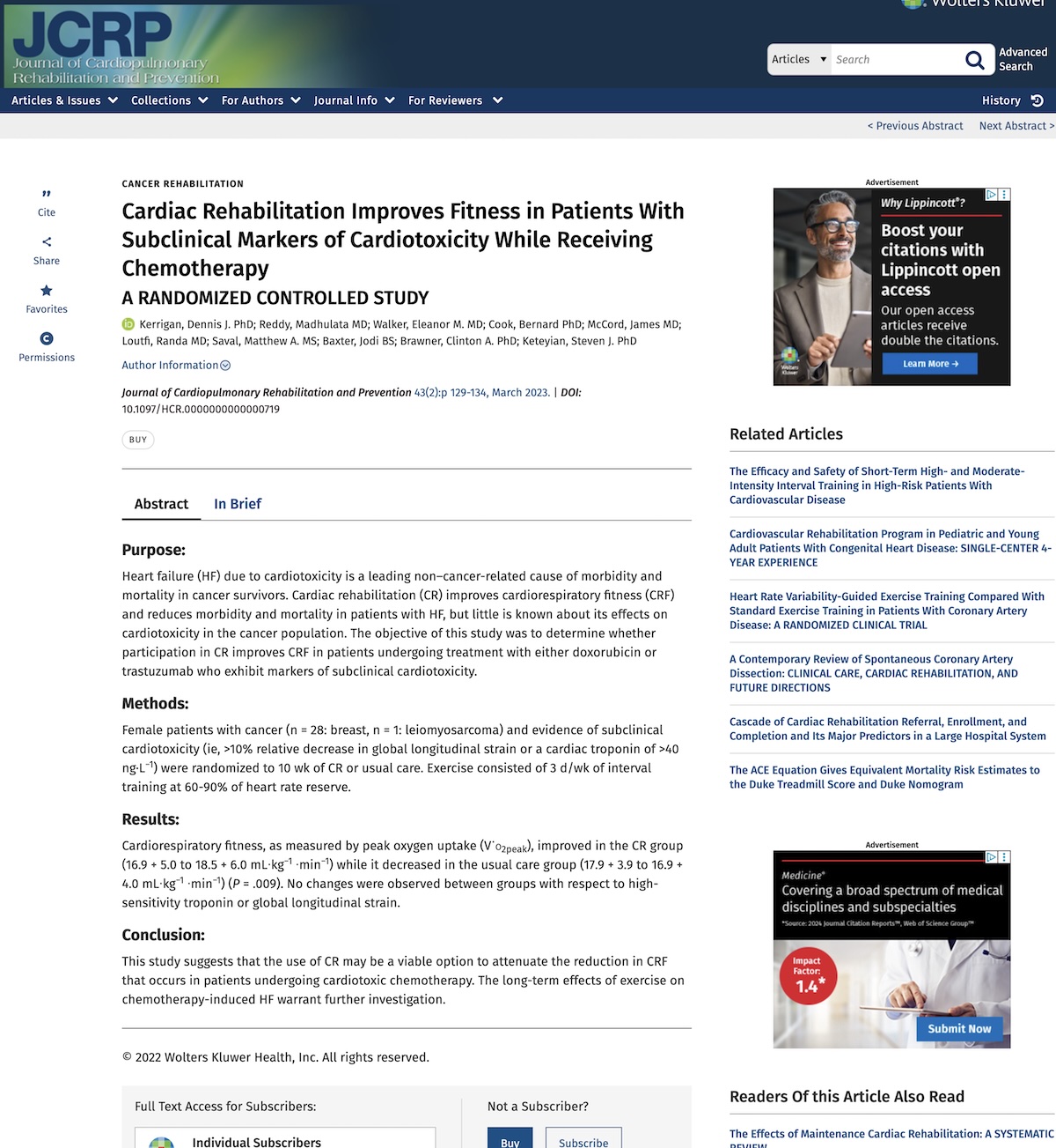 La rehabilitación cardíaca mejora el fitness cardiorrespiratorio en pacientes con marcadores subclínicos de cardiotoxicidad durante la quimioterapia