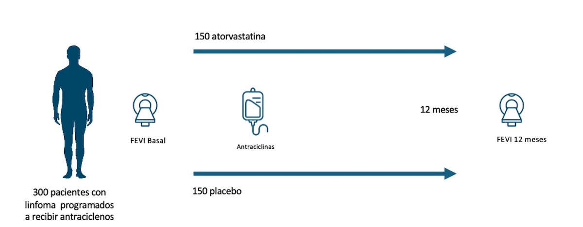 Figura 2. Esquema general del diseño del estudio STOP-CA. Se incluyeron pacientes con linfoma programados para recibir antraciclinas, asignados de forma aleatoria en dos grupos (Atorvastatina VS Placebo). Se midió la FEVI al inicio y tras 12 meses de tratamiento.