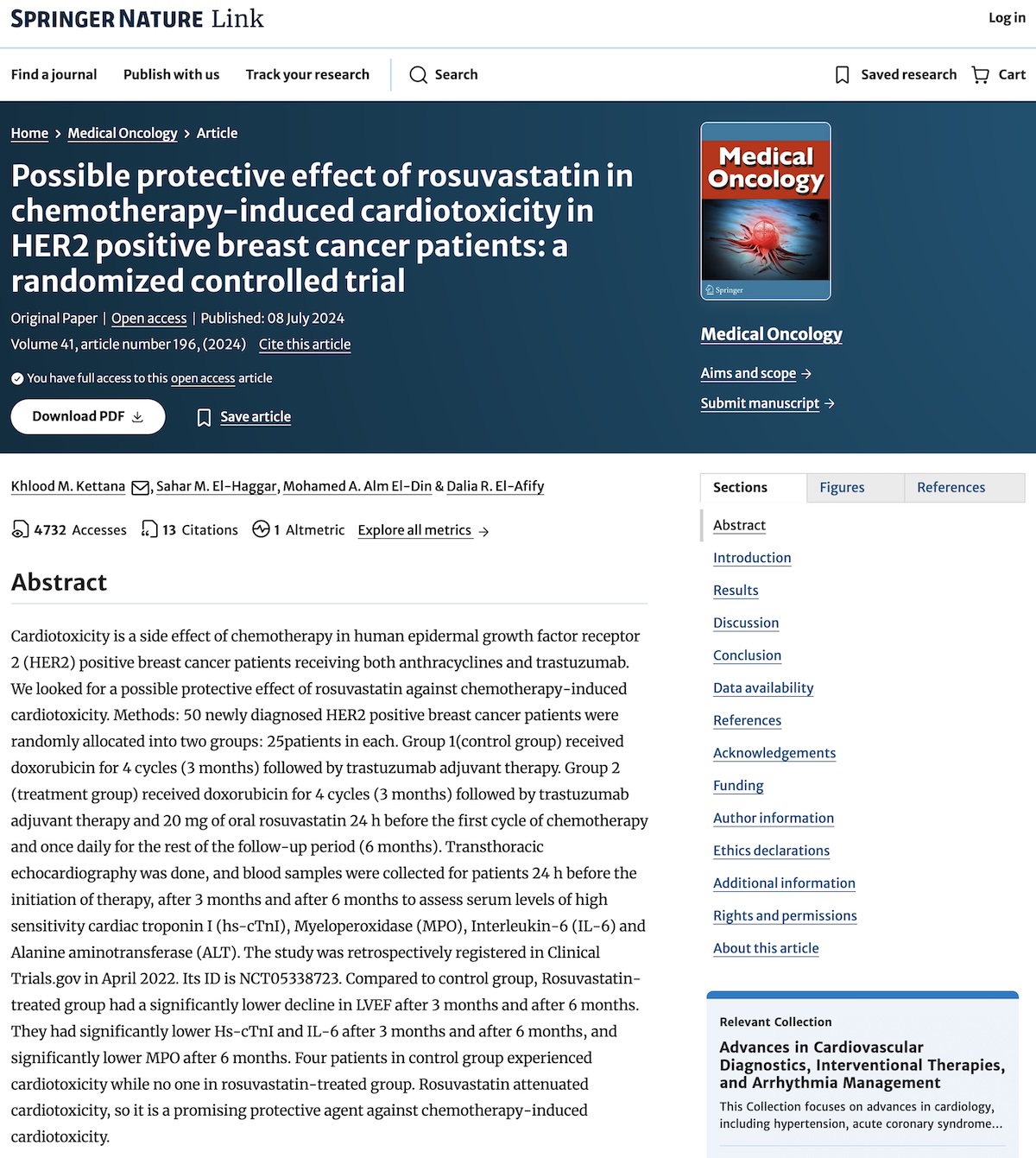 Posible efecto protector de la Rosuvastatina en la cardiotoxicidad inducida por quimioterapia en pacientes con cáncer de mama positivo para HER2
