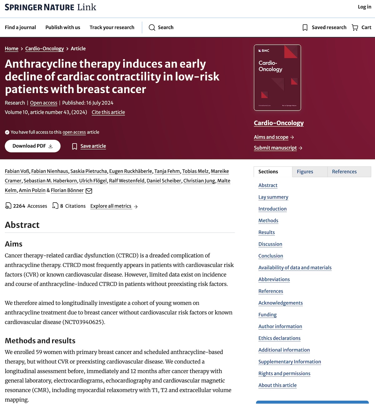 El tratamiento con antraciclinas induce una disminución temprana de la contractilidad cardiaca en pacientes de bajo riesgo con cáncer de mama