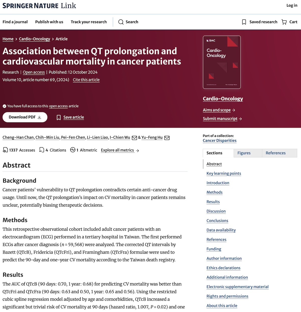 Asociación entre la prolongación del QT y mortalidad cardiovascular en los pacientes con cáncer