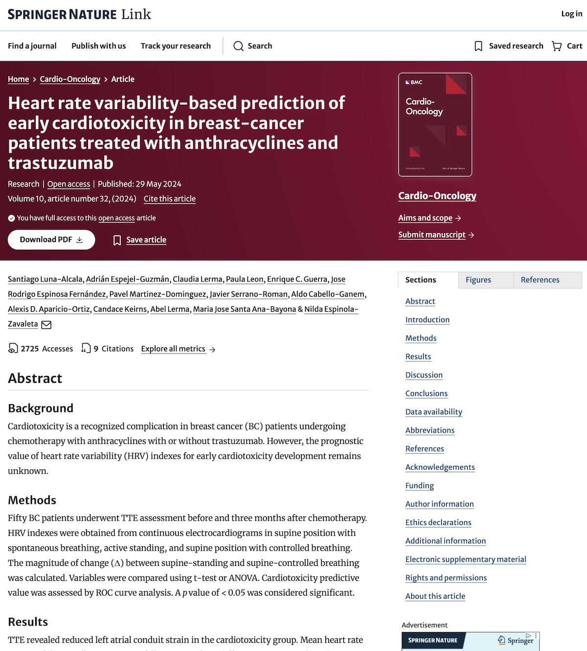Predicción de cardiotoxicidad temprana basada en la variabilidad de la frecuencia cardíaca en pacientes con cáncer de mama tratadas con antraciclinas y trastuzumab