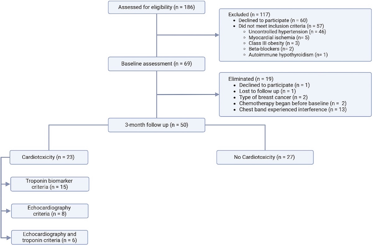 Figura 2. Resumen del proceso de selección e inscripción de pacientes. Esta figura ilustra el proceso de selección de participantes de la cohorte de pacientes con cáncer de mama, incluyendo los criterios de exclusión para la evaluación inicial y los criterios de eliminación para el seguimiento a los tres meses. El número de participantes que cumplieron los criterios de cardiotoxicidad ya sea con troponinas, ecocardiografía o ambos, se indica en el lado izquierdo. Figura 2. Resumen del proceso de selección e inscripción de pacientes. Esta figura ilustra el proceso de selección de participantes de la cohorte de pacientes con cáncer de mama, incluyendo los criterios de exclusión para la evaluación inicial y los criterios de eliminación para el seguimiento a los tres meses. El número de participantes que cumplieron los criterios de cardiotoxicidad ya sea con troponinas, ecocardiografía o ambos, se indica en el lado izquierdo.