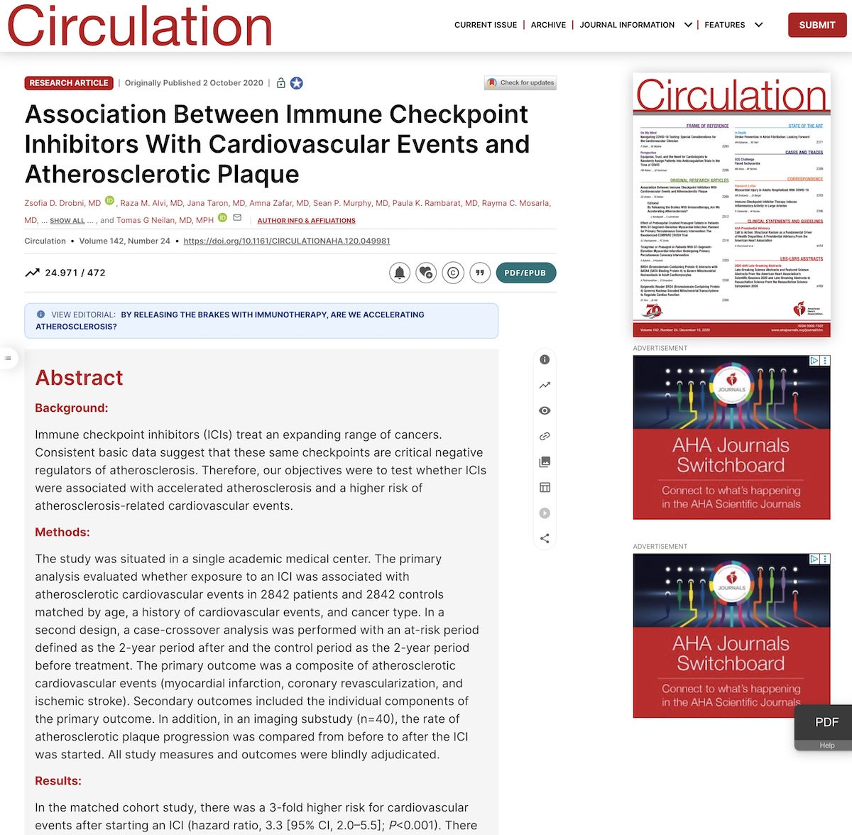 Asociación entre inhibidores del punto de control inmunitario con eventos cardiovasculares y placa aterosclerótica