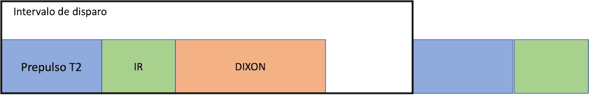 Figura 7. Representación lineal de los componentes de la secuencia REACT. El prepulso T2 para potenciar la diferencia entre arterias y venas, el pulso de inversión recuperación (IR) para incrementar el contraste entre los vasos y los tejidos circundantes y por último DIXON para lectura con supresión grasa.