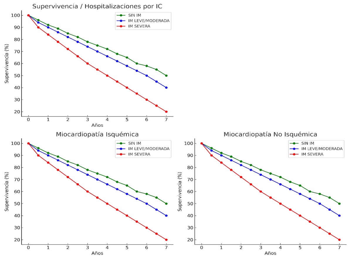 Figura 2: Grafico que relaciona la supervivencia y las internaciones por insuficiencia cardiaca (IC) en función de los años en 1256 pacientes según el grado de insuficiencia mitral funcional (IMF). Abajo: supervivencia según el grado de insuficiencia mitral funcional en pacientes con miocardiopatía isquémica o no isquémica. Fuente: Asgar, A, Mack M, Stone G. (2015). Secondary mitral regurgitation in heart failure: pathophysiology, prognosis, and therapeutic considerations. JACC.2015; 65, p 1231-1248 Figura 2: Grafico que relaciona la supervivencia y las internaciones por insuficiencia cardiaca (IC) en función de los años en 1256 pacientes según el grado de insuficiencia mitral funcional (IMF). Abajo: supervivencia según el grado de insuficiencia mitral funcional en pacientes con miocardiopatía isquémica o no isquémica. Fuente: Asgar, A, Mack M, Stone G. (2015). Secondary mitral regurgitation in heart failure: pathophysiology, prognosis, and therapeutic considerations. JACC.2015; 65, p 1231-1248