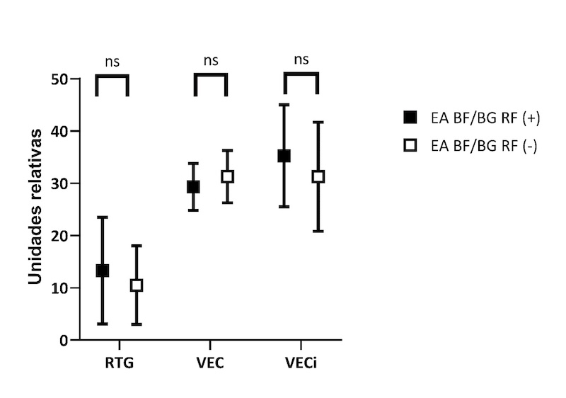 Figura 2. Marcadores de fibrosis focal y difusa en pacientes con EA BF/BG según estado de reserva de flujo. RF (+): Reserva de flujo presente; RF (-): Reserva de flujo ausente; RTG: Masa de realce tardío (gramos); VEC: Volumen extracelular incluyendo todas las áreas de fibrosis focal (%); VECi: Volumen extracelular indexado (ml/m2); ns = p>0,05. Figura 2. Marcadores de fibrosis focal y difusa en pacientes con EA BF/BG según estado de reserva de flujo. RF (+): Reserva de flujo presente; RF (-): Reserva de flujo ausente; RTG: Masa de realce tardío (gramos); VEC: Volumen extracelular incluyendo todas las áreas de fibrosis focal (%); VECi: Volumen extracelular indexado (ml/m2); ns = p>0,05.