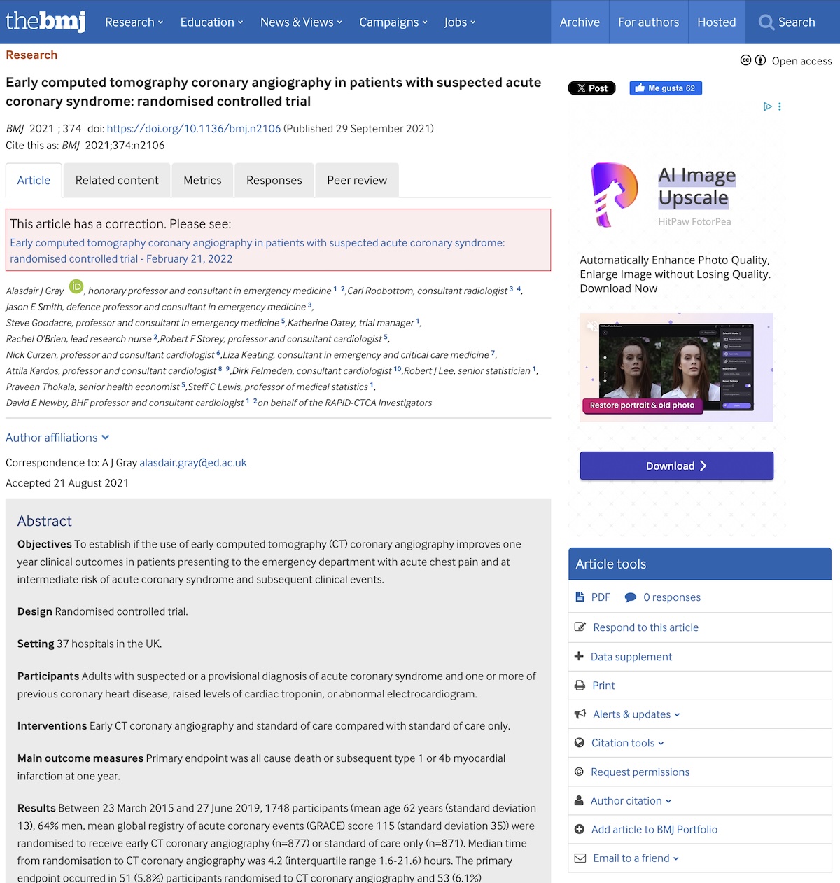 Angiografía coronaria por tomografía coronaria precoz en pacientes con sospecha de síndrome coronario agudo: estudio controlado randomizado