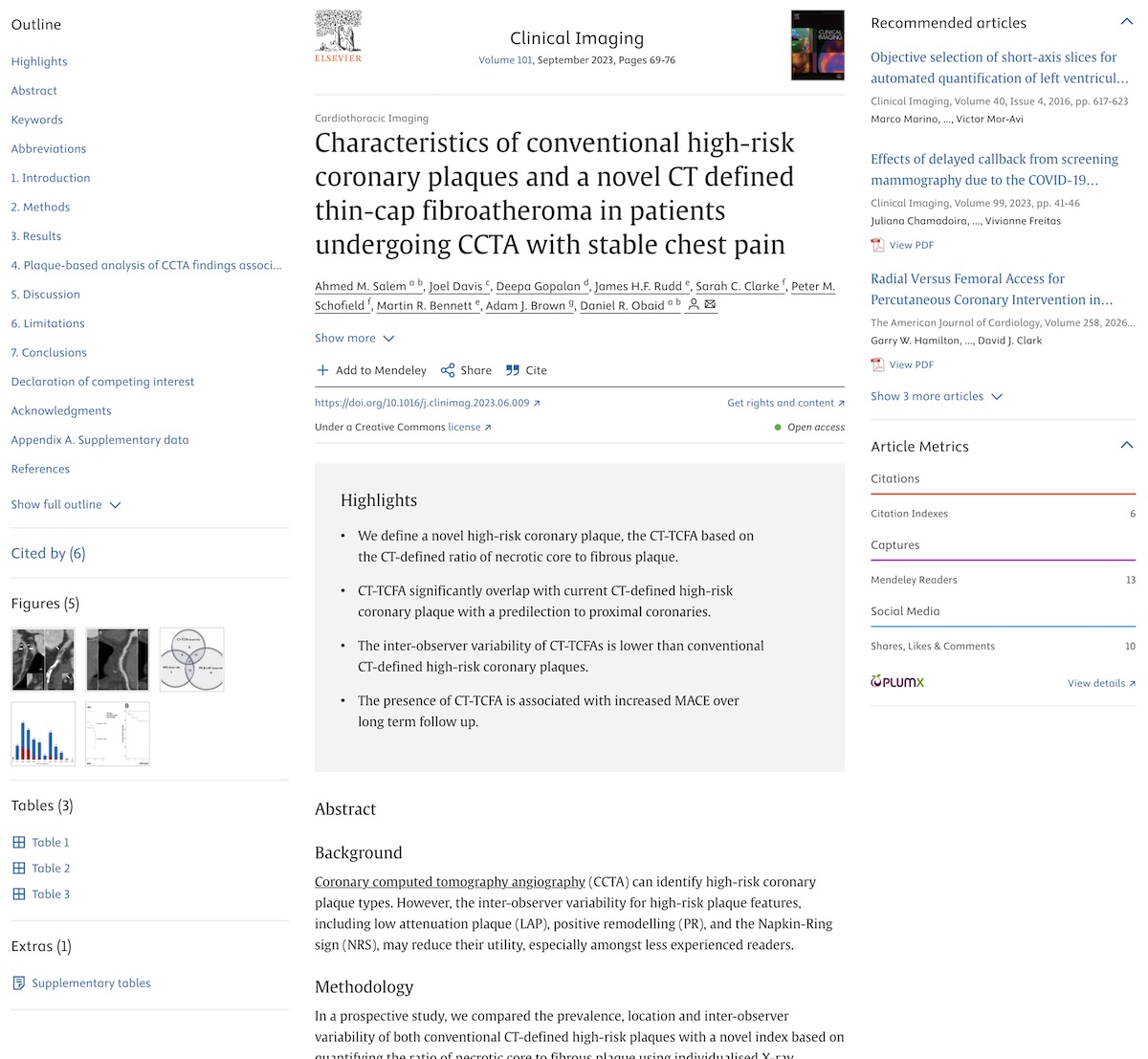 Características de las placas de alto riesgo convencionales y uno nuevo definido como fibroateroma de capa fina en pacientes sometidos a angiografía coronaria por TC con dolor torácico estable