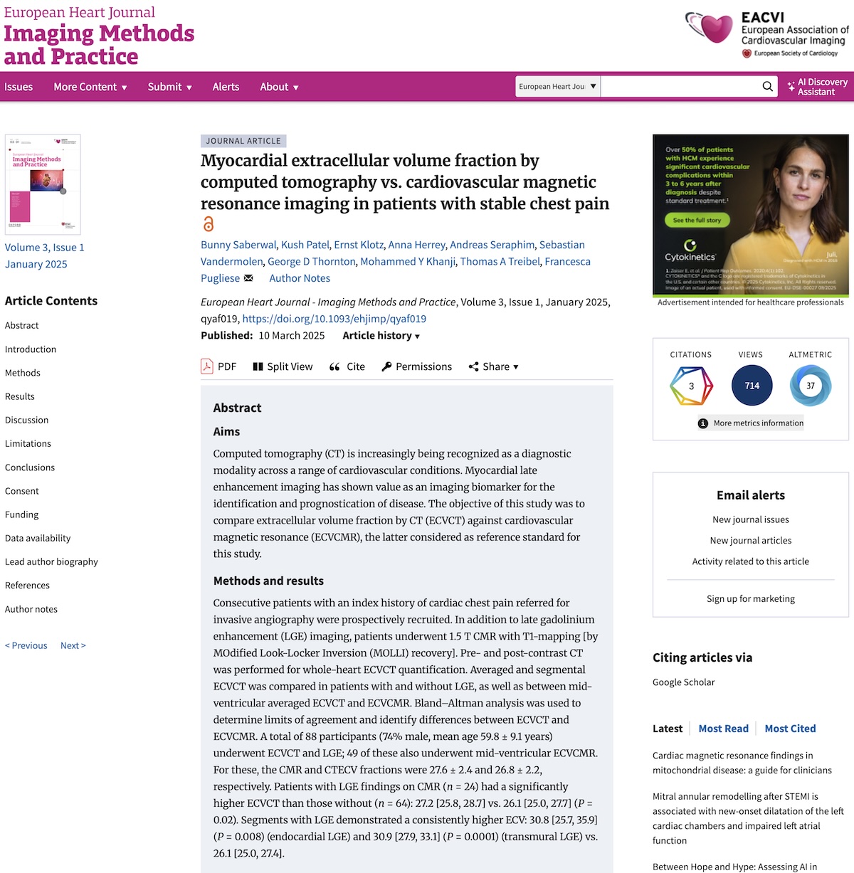 Fracción de volumen extracelular miocárdico mediante tomografía computarizada frente a resonancia magnética cardiovascular en pacientes con dolor torácico estable