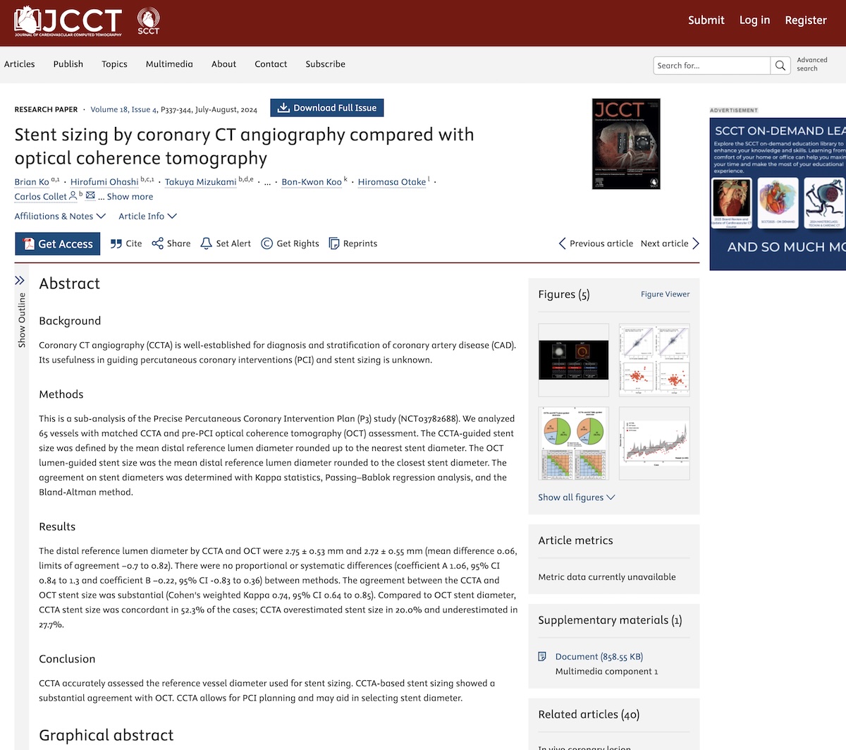 Dimensionamiento de stent mediante angiografía coronaria por tomografía computarizada en comparación con la tomografía de coherencia óptica